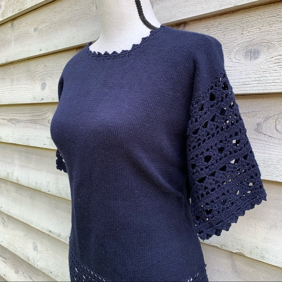 Vintage 90s Navy Blue Solid Print Crochet Trim Short Sleeve Knit Sweater Blouse - Picture 6 of 16